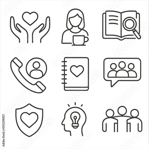 Caregiver Support Icons. Outline style icons of Caregiver Support: hands holding icon, caregiver coffee break, resource guide icon