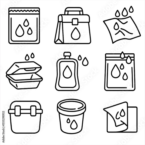 Food Packaging Icons. Outline style icons of Food and Packaging Waterproofing: sealed food pouch, waterproof delivery bag,