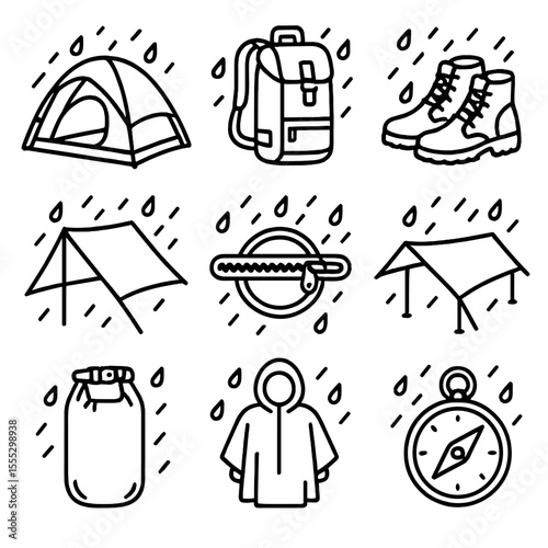 Outdoor Waterproof Gear Icons. Outline style icons of Outdoor Waterproof Gear: camping tent with rain cover, dry backpack,