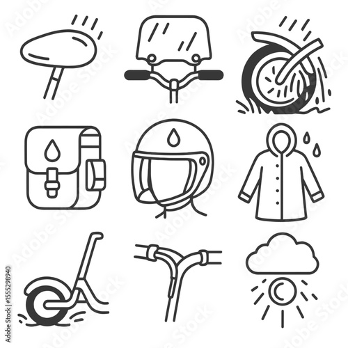 Rainproof Bike Icons. Outline style icons of Bike and Scooter Rainproofing: waterproof seat cover, handlebar rain shield, fender