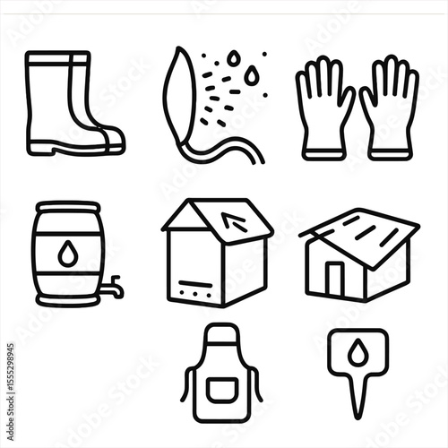 Gardening Waterproof Gear Icons. Outline style icons of Gardening Waterproof Gear: garden boots, hose splash guard, waterproof