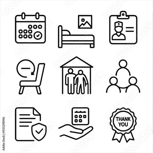 Respite Care Icons. Outline style icons of Respite Care Options: short-term stay calendar, guest room icon, visiting nurse badge,