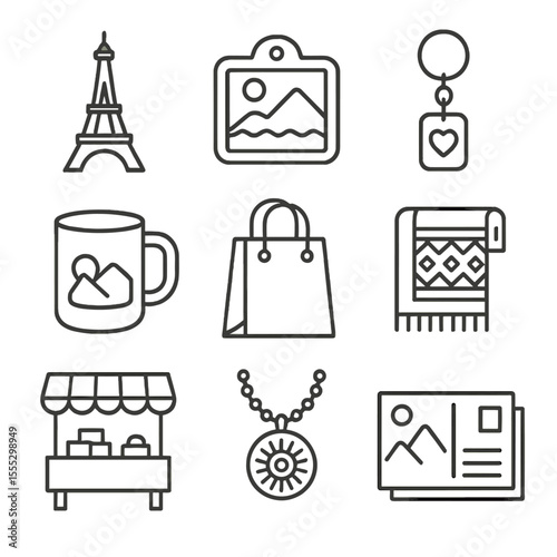 Souvenir Icon Collection. Outline style icons of Souvenirs and Shopping: miniature Eiffel tower, fridge magnet, keychain, souvenir