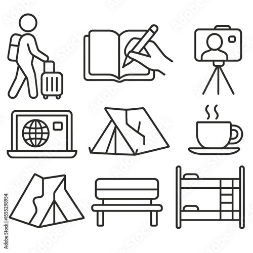 Solo Travel Icons. Outline style icons of Solo Travel: person with suitcase, journal writing icon, self-photo with tripod, coffee
