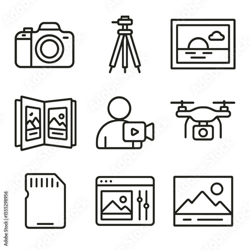Travel Photography Icons. Outline style icons of Travel Photography: DSLR camera, tripod, sunset frame, photo album, travel vlog