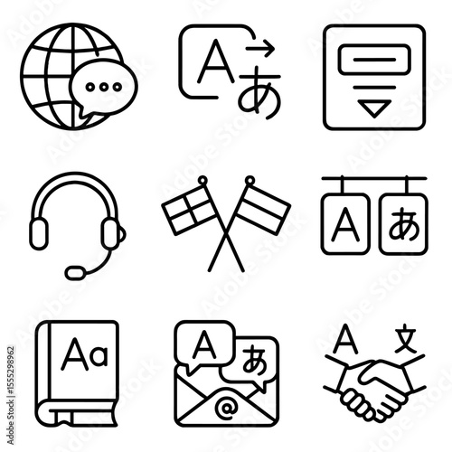 Multilingual Communication Icons. Outline style icons of Multilingual Communication: globe with chat bubble, translation icon,