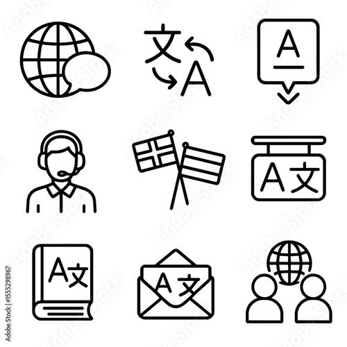 Multilingual Communication Icons. Outline style icons of Multilingual Communication: globe with chat bubble, translation icon,