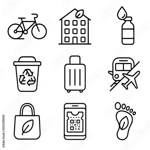Sustainable Travel Icons. Outline style icons of Sustainable Travel: bicycle rental, eco hotel, refill station, recycling bin,