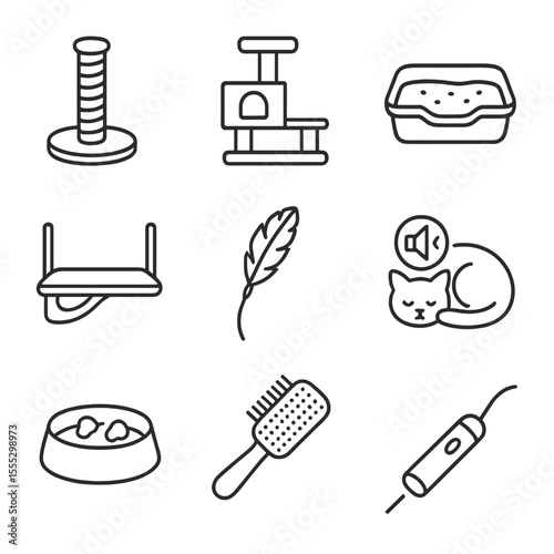 Cat-Friendly Icons. Outline style icons of Cat-Friendly Features: scratching post, cat tree, litter box, window perch, feather toy