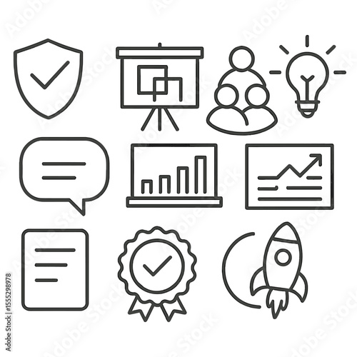 Company Values Icons. Outline style icons of Company Values Communication: integrity icon, transparency board, respect speech