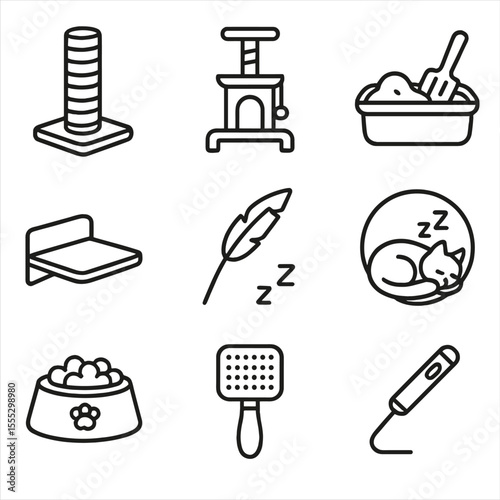 Cat-Friendly Icons. Outline style icons of Cat-Friendly Features: scratching post, cat tree, litter box, window perch, feather toy
