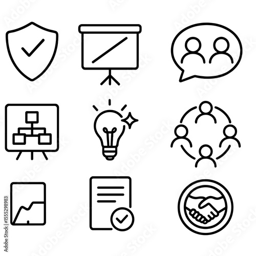 Company Values Icons. Outline style icons of Company Values Communication: integrity icon, transparency board, respect speech