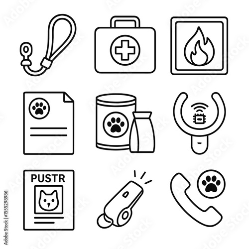 Pet Emergency Icons. Outline style icons of Pet Emergency Prep: emergency leash, first aid box, fire safety sticker, shelter