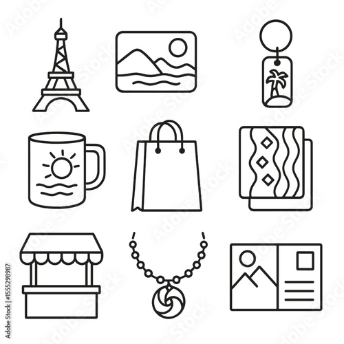 Souvenir Icon Collection. Outline style icons of Souvenirs and Shopping: miniature Eiffel tower, fridge magnet, keychain, souvenir