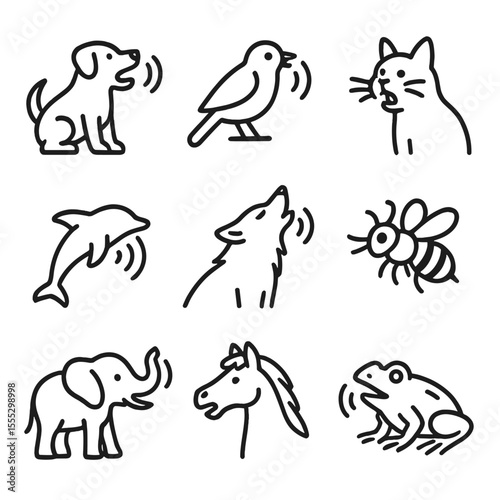 Animal Sound Icons. Outline style icons of Animal Communication Sounds: barking dog, bird chirp symbol, cat meowing, dolphin sonar