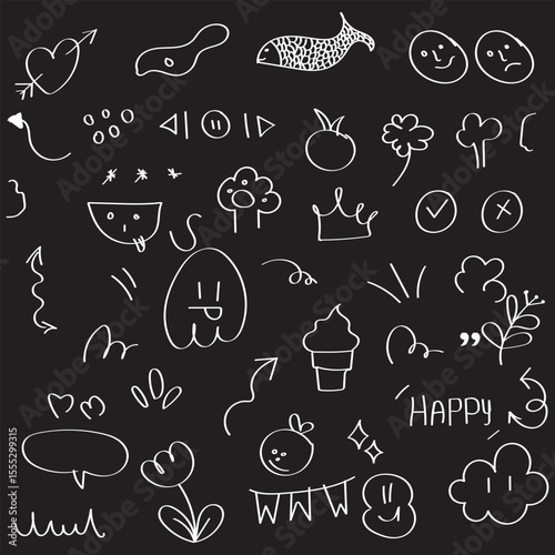 Hand drawn black marker lines, frames, arrows, rough sketch shapes and circles. Grunge ink brush underline strokes, bold scribbles, check marks, dry permanent markers doodle elements vector set