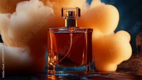 Elegant perfume bottle on a reflective surface with smoke effect