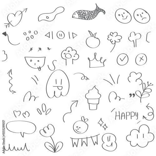 Hand drawn black marker lines, frames, arrows, rough sketch shapes and circles. Grunge ink brush underline strokes, bold scribbles, check marks, dry permanent markers doodle elements vector set