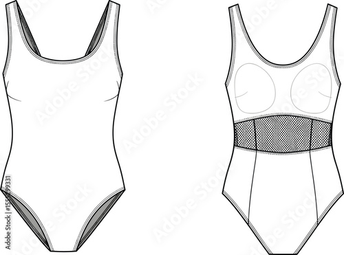 One-piece swimsuit flat sketch, vector CAD drawing, front and back view, fashion design, technical template, women’s swimwear illustration