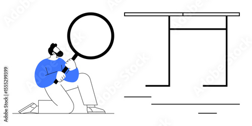 Man kneeling with large magnifying glass analyzing desk structure. Ideal for research, analysis, inspection, discovery, exploration, curiosity, investigation. Simple flat metaphor
