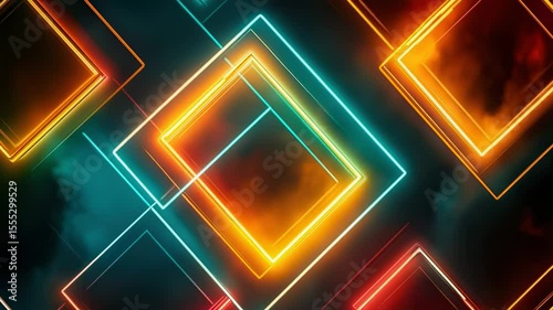 Abstract glowing neon squares pattern with colorful light trails and smoke effects