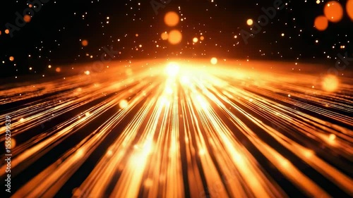 Abstract golden light streaks and bokeh particles on dark background