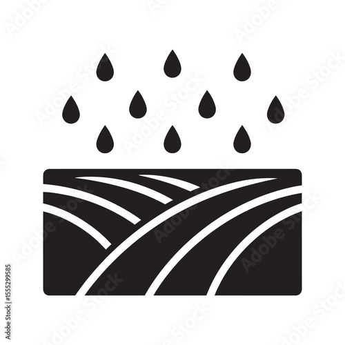 Agriculture irrigation icon with rain drops over a field representing farming technology watering crops and plant growth stimulation vector solid glyph icon