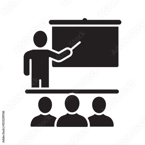 Classroom teaching icon with professor presenting a lesson to students for education seminar business training and academic workshop learning vector solid glyph icon