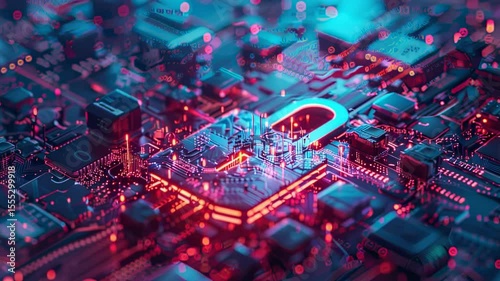Cybersecurity concept Glowing padlock on a complex circuit board, symbolizing data protection and digital security in a futuristic style.