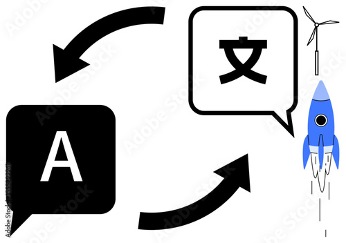 Speech bubbles, arrows representing language exchange, rocket symbolizing progress, wind turbine for sustainability. Ideal for language learning, technology, innovation, growth, green energy global