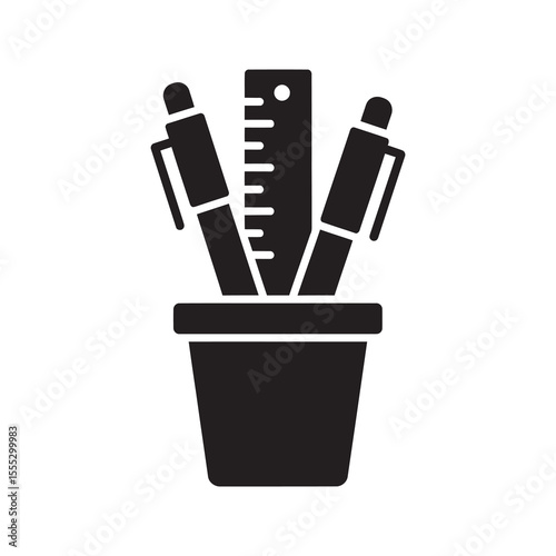 Office stationery holder icon with pen pencil and ruler for school supplies writing instrument and desk organization in a modern workplace vector solid glyph icon