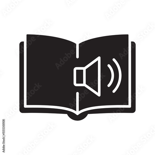 Audiobook icon with an open book and speaker symbol for digital e-learning listening to stories and online education library resource vector solid glyph icon