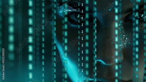 Futuristic AI Woman with Binary Code Overlay - Digital Portrait