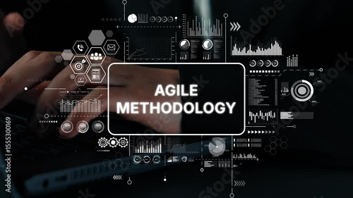 Dynamic Agile Methodology Concept with Hands Typing on Keyboard Surrounded by Analytical Graphics and Data Visuals. Asymptotic smart data analytic.