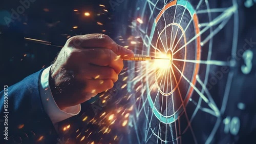 Dart hitting bullseye, business success concept, close-up shot