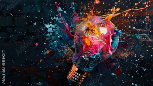 Colorful explosion around a light bulb, symbolizing bright ideas and creativity, with a dark background and vibrant paint splashes