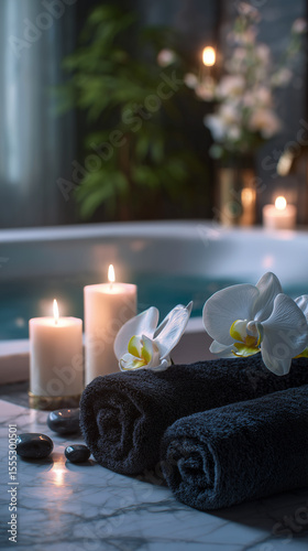 Luxurious spa video background with candles, rolled towels, and flowers, serene atmosphere for relaxation and wellness, concept for spa retreats, beauty salons, wellness centers