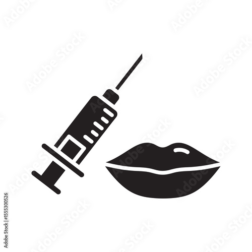 Lip filler injection icon with syringe and lips for cosmetic surgery beauty enhancement procedure and dermatology aesthetic treatment vector solid glyph icon