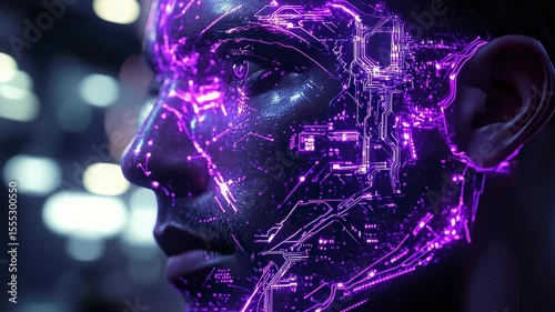 Futuristic human face with glowing purple circuit patterns, digital art