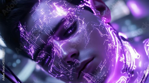 Futuristic portrait of a man with glowing circuit patterns on his face, cyberpunk style