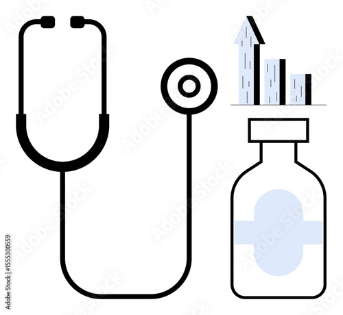 Stethoscope, medicine bottle, and rising bar graph symbolize healthcare, medical growth, innovation, and analysis. Ideal for healthcare, medical achievements, progress analytics pharmaceutical