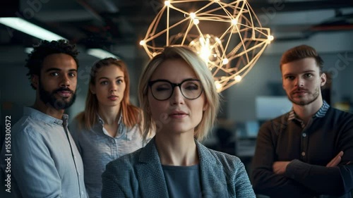 Diverse team of professionals in modern office setting, looking at camera with confidence and illuminated geometric light fixture in background