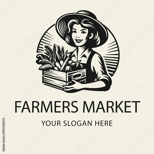 Black and white flat vector illustration of a cheerful farmer holding a crate of vegetables. Ideal for a farm shop logo, clean and friendly design, perfect for branding.