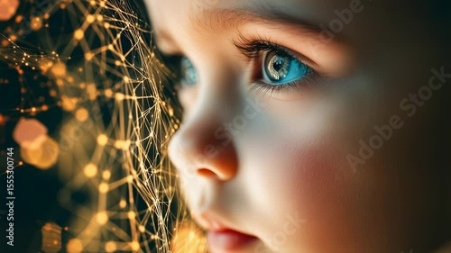 Close-up of a childs face with glowing network effect, looking thoughtful