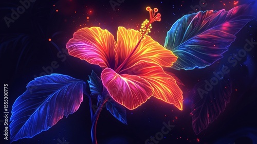 Vibrant hibiscus flower glows in vibrant neon colors, surrounded by dark background, with glowing leaves
