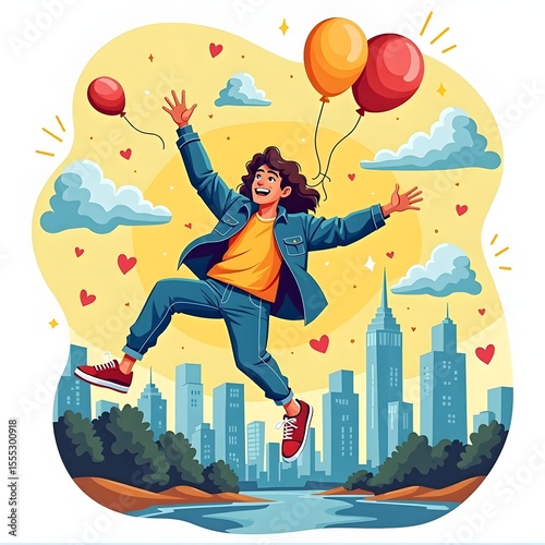 child, cartoon, vector, fun, kid, boy, balloon, illustration, children, kids, birthday, people, woman, party, family, balloons, baby, flying, summer, joy, happiness, childhood, love, art, holiday