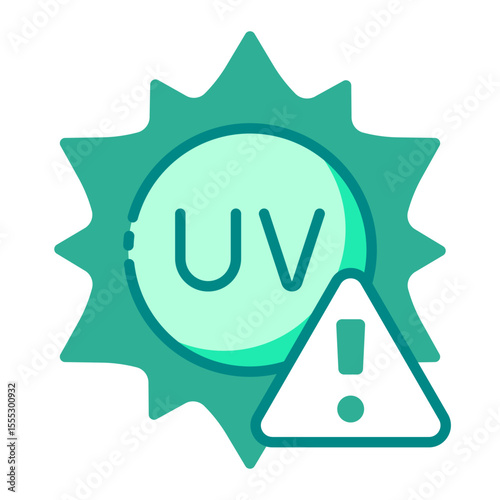 High UV warning green filled line icon about high ultraviolet exposure and sun hazard