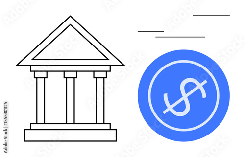 Bank facade with columns and a blue circle containing a dollar sign. Ideal for banking, finance, economy, investment, savings, financial institutions, and economics education. A simple flat metaphor