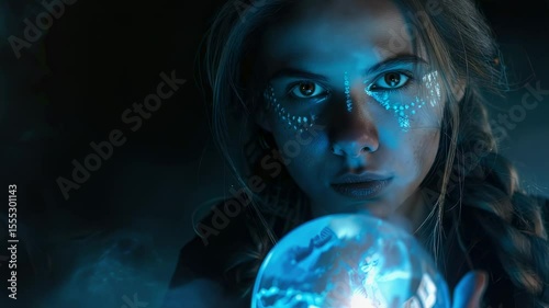 Mystical woman with face paint holding a glowing crystal ball in a dark, atmospheric setting