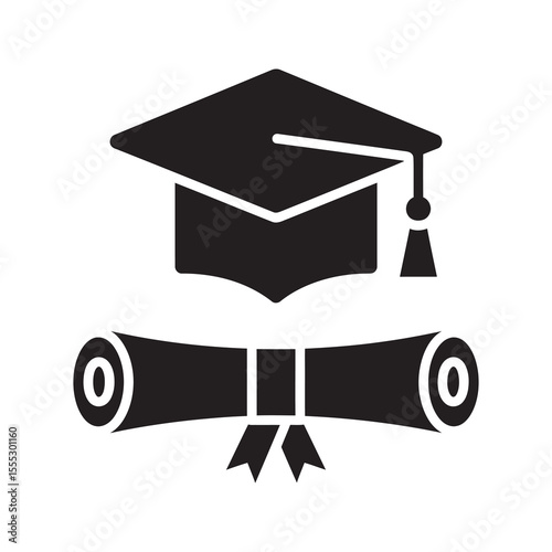 Graduation achievement icon with mortarboard cap and diploma scroll for celebrating academic success and earning a university degree vector solid glyph icon